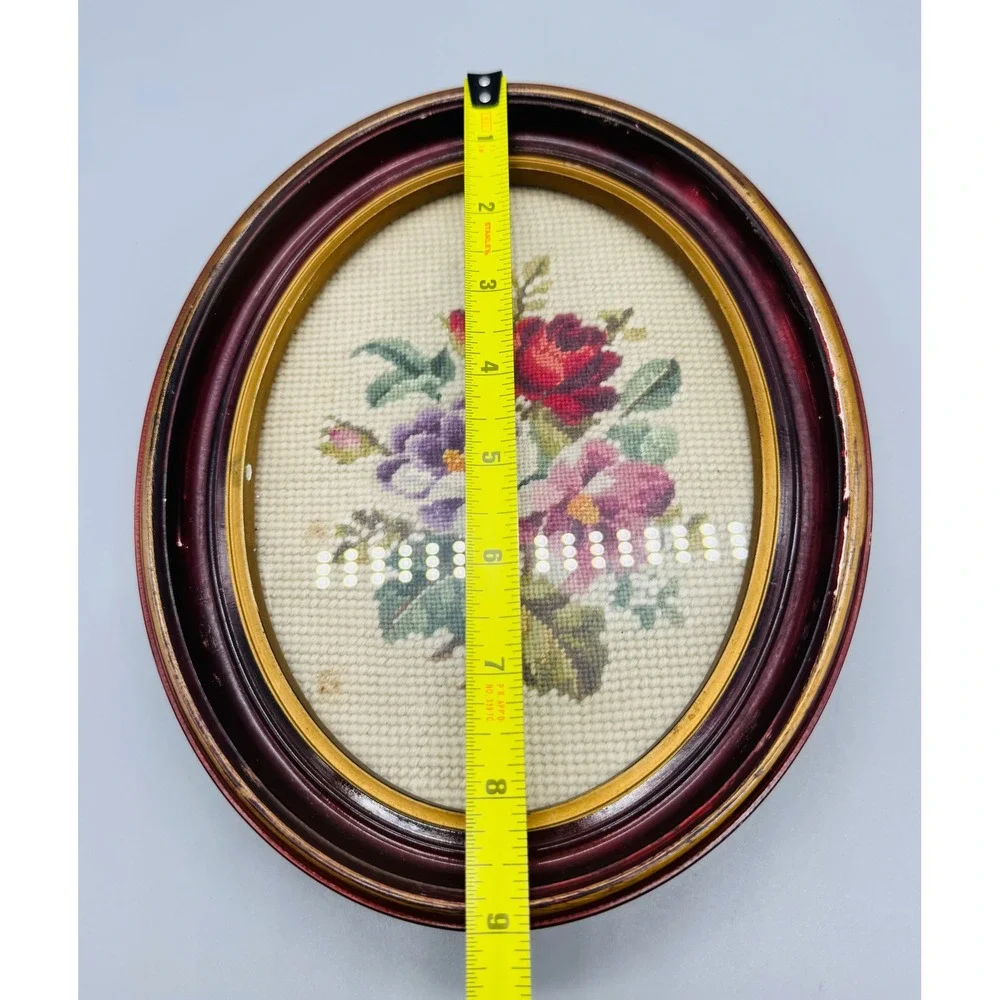Vintage Needlepoint Floral Art Oval Wood Frame Wall Decor